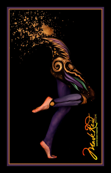 Legs of a woman body painted on her toes on one foot facing right in primarily a lavender color with gold star accents finishing the top of the photo